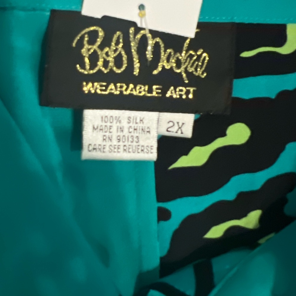 Bob Mackie Wearable Art Silk Blouse Top 2X Teal Animal Colorblock Statement - Picture 9 of 9